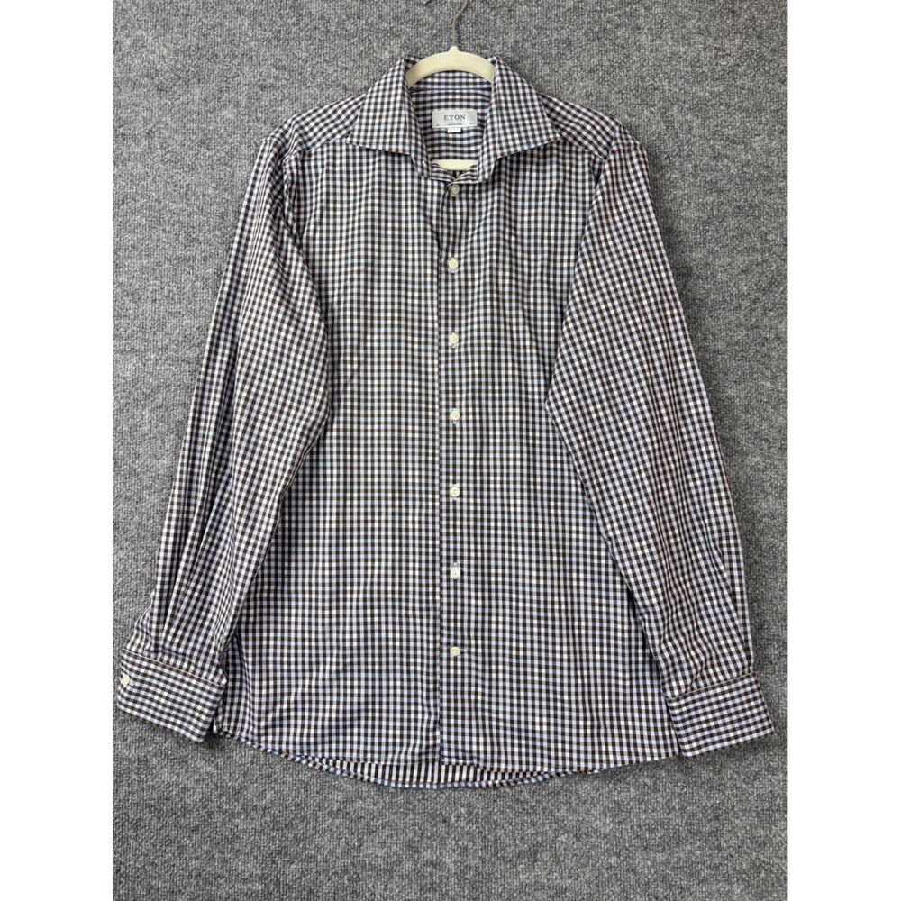 Eton Shirt Men Large Brown Blue Gingham Check Contemporary Fit Long‎ Sleeve